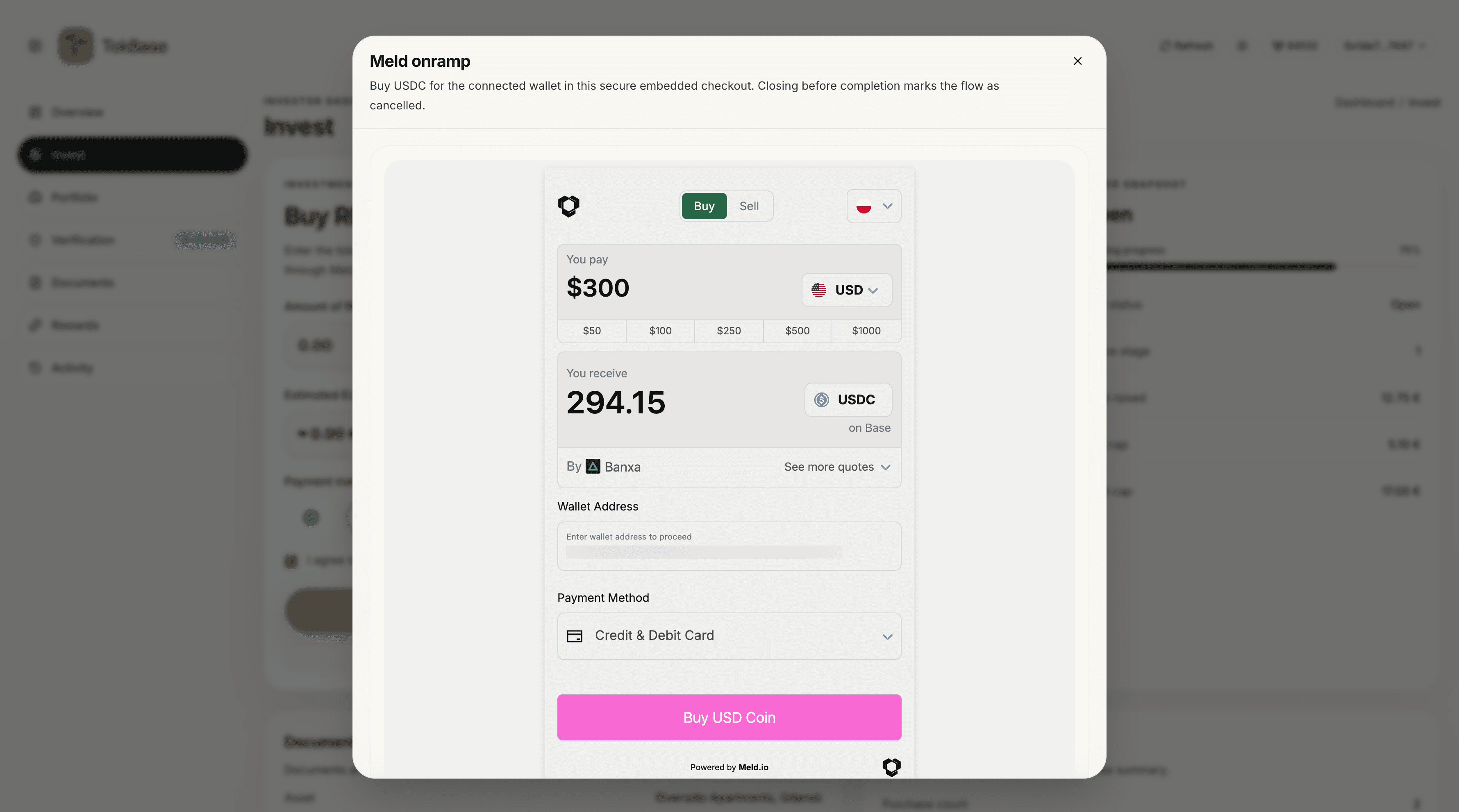 Fiat onramp checkout preview for investor payment path
