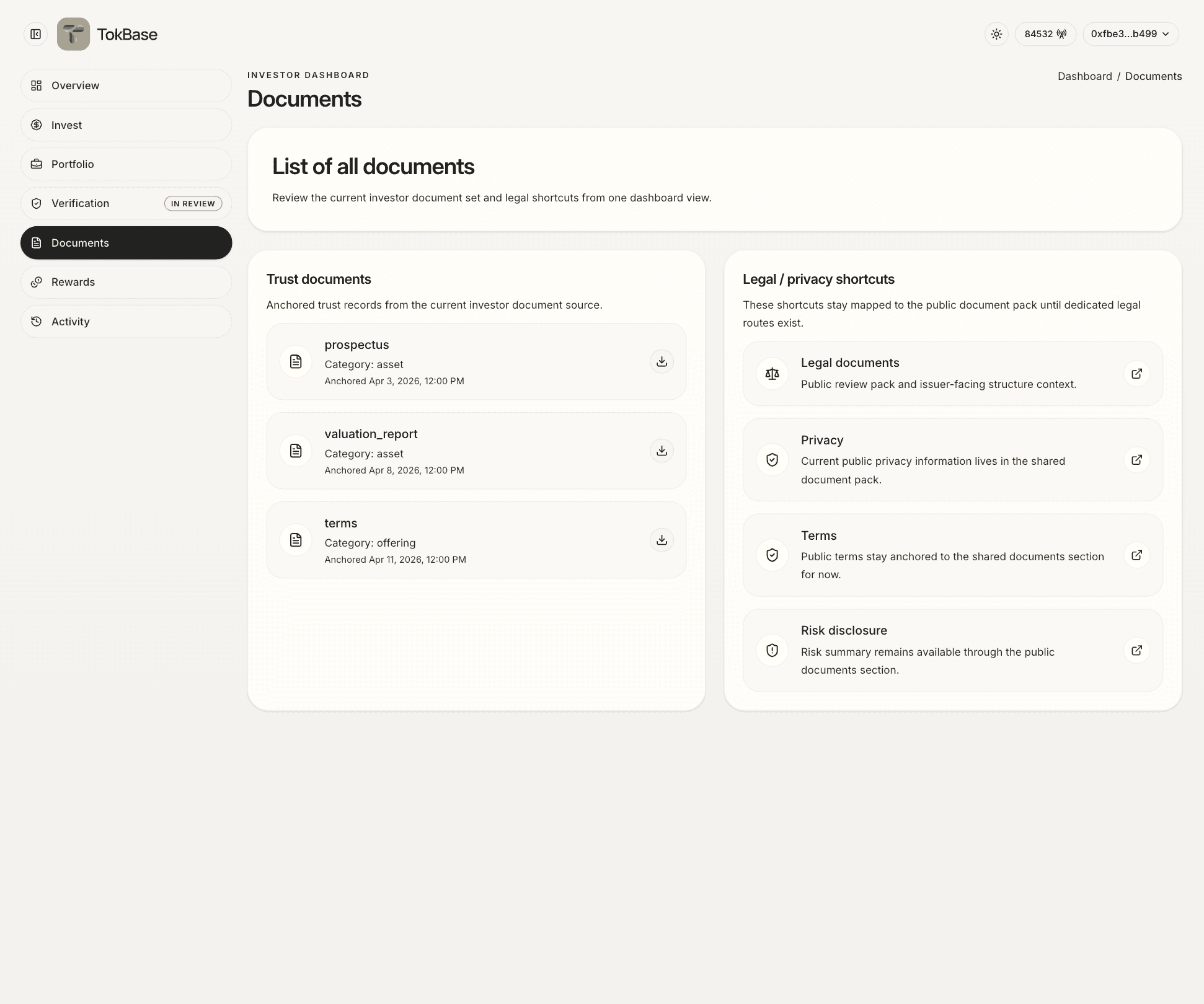 Investor document center screen
