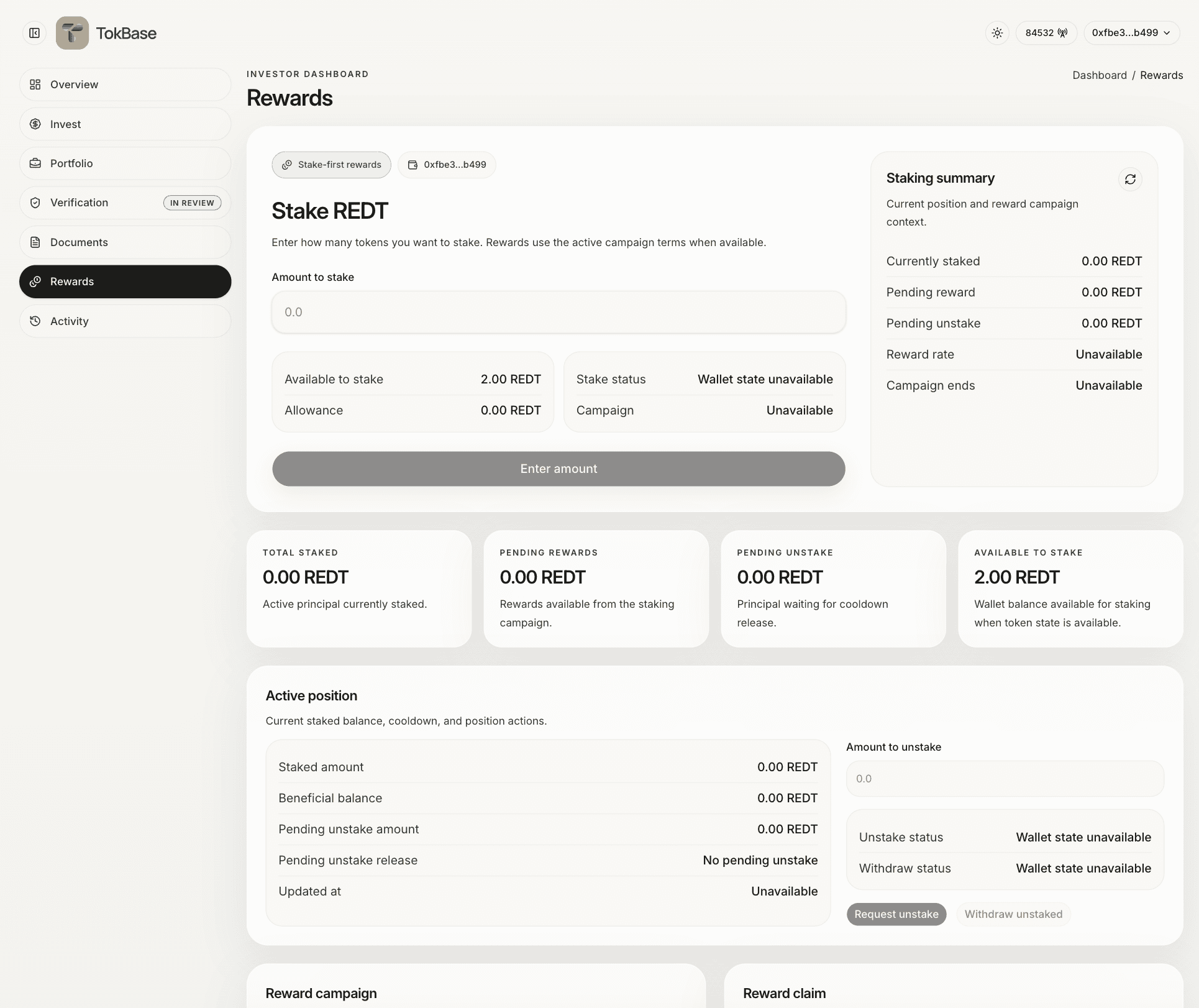 Investor rewards and distributions screen from the Riverside Your RWA Platform dashboard